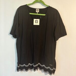 Anne Klein Black Top Scalloped Hem V-Neck Short Sleeve Blouse 1X